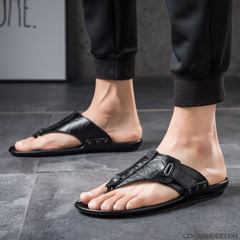 Tongs Homme Plage Cuir Véritable Antidérapant Tongs Chaussons Tendance Été Noir