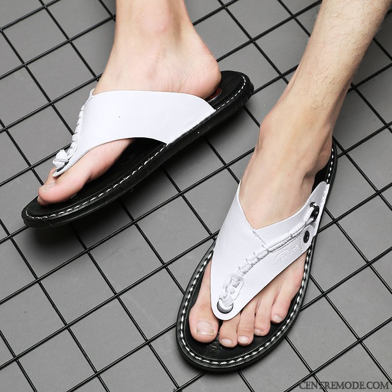 Tongs Homme Sandales Été Plage Décontractée En Cuir Tongs Chaussons Blanc