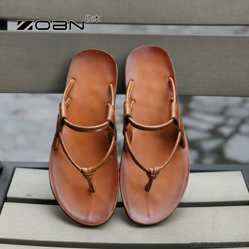 Tongs Homme Été Plage Cuir Véritable Antidérapant De Plein Air Décontractée Brun