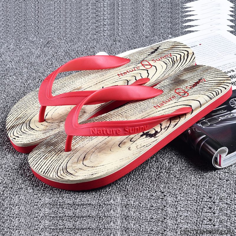 Tongs Homme Été Tongs Chaussons Grain De Bois Personnalité Plage Étudiant Rouge