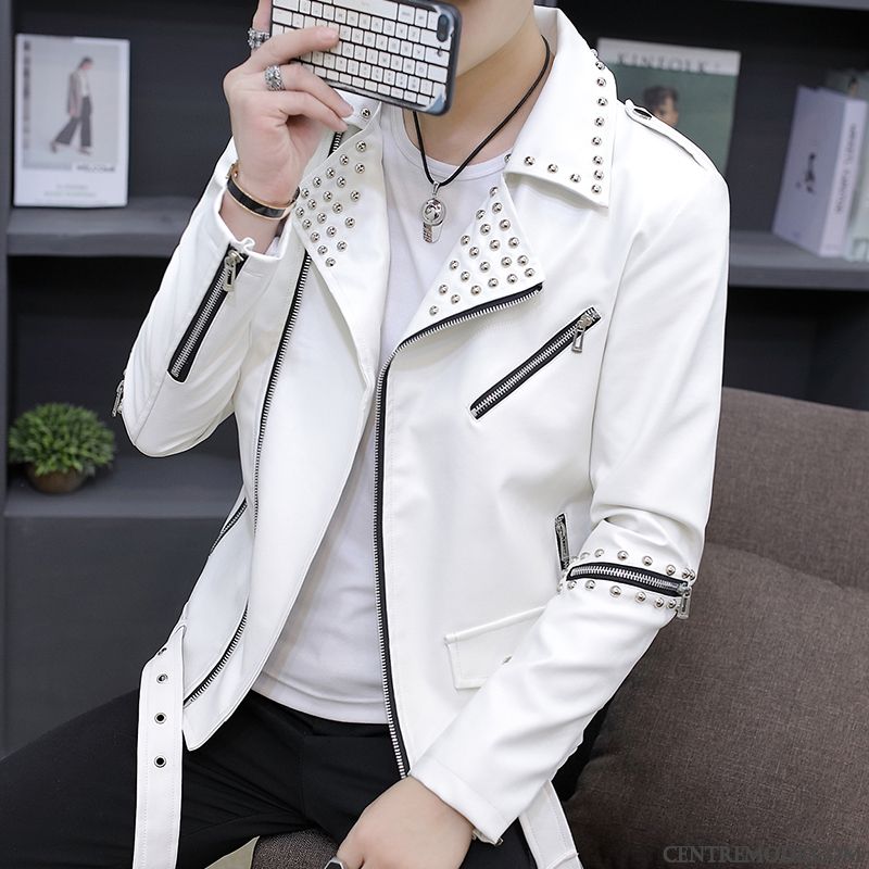 Veste Cuir Fashion Homme Noir Saumon, Blouson Moto Cuir Homme Pas Cher Soldes