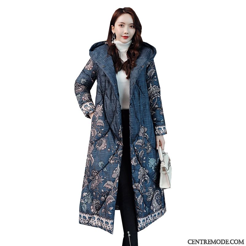 Veste En Coton Femme Capuche Longue Vêtements D'hiver Vêtements Matelassé Mode Slim Bleu