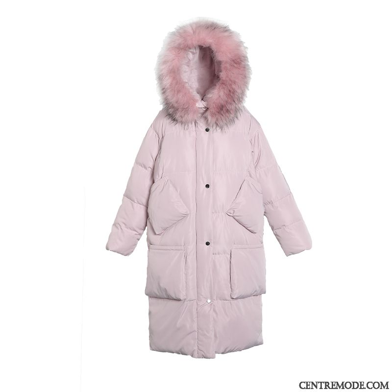 Veste En Coton Femme Grand Col De Fourrure Longue Vêtements D'hiver Mince Baggy Capuche Rouge Rose