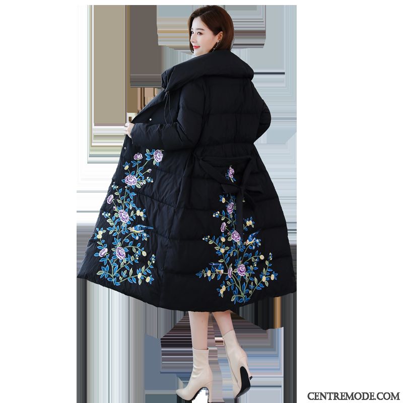 Veste En Coton Femme Style National Broderie Longue Mode Rétro Vêtements Matelassé Noir