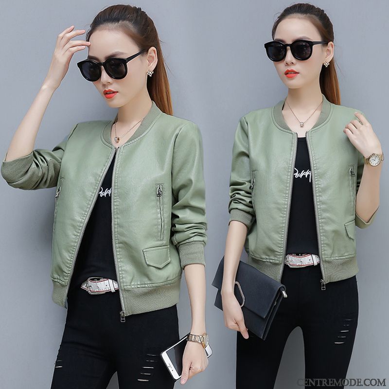 Vestes En Cuir Femme Baggy Veste En Cuir Mode Slim L'automne Doux Vert