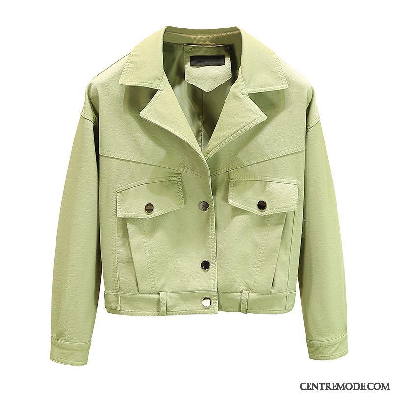 Vestes En Cuir Femme Bouton À Une Rangée Diviser La Fourchette Manteau Printemps Court Irrégulier Vert