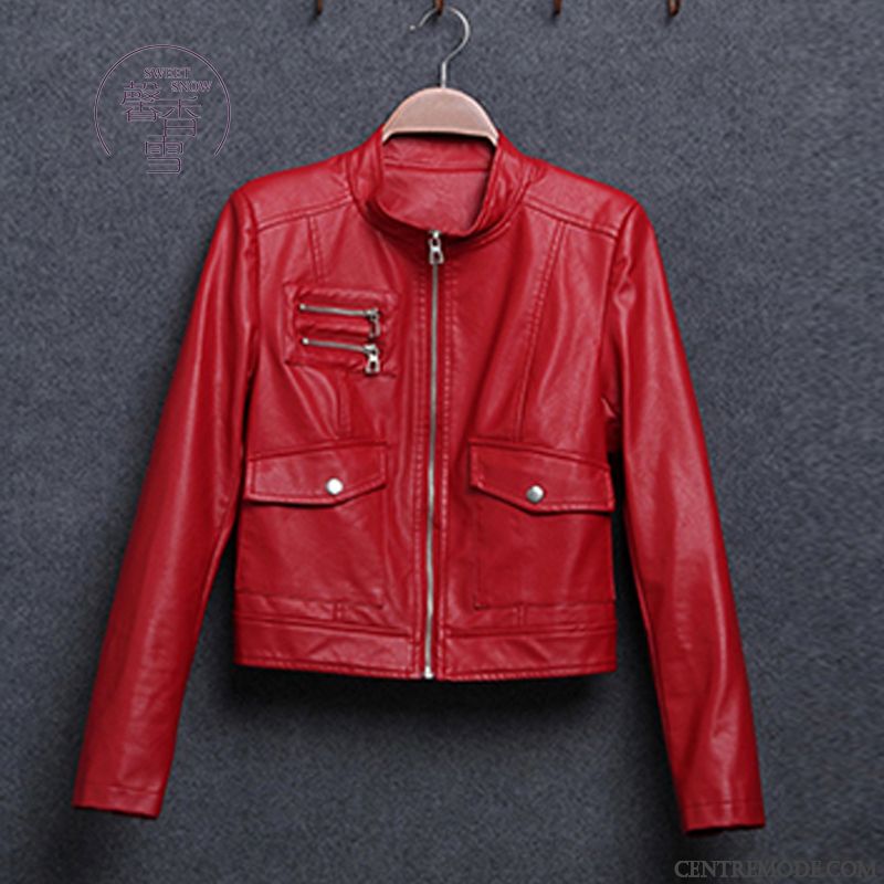 Vestes En Cuir Femme Col Mandarin Veste En Cuir Mode Tendance Slim Court Rouge