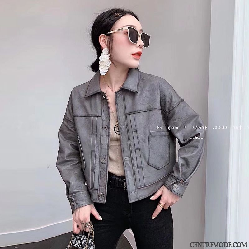 Vestes En Cuir Femme Court Veste En Cuir Vêtements Moto L'automne Tendance Manteau Rouge Gris
