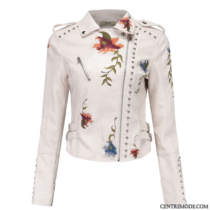 Vestes En Cuir Femme Grande Taille Veste En Cuir Longues Printemps Vêtements Moto L'automne Impression Blanc