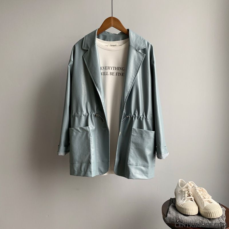 Vestes En Cuir Femme Hiver Baggy L'automne Manteau Court Vêtements Moto Pure Bleu