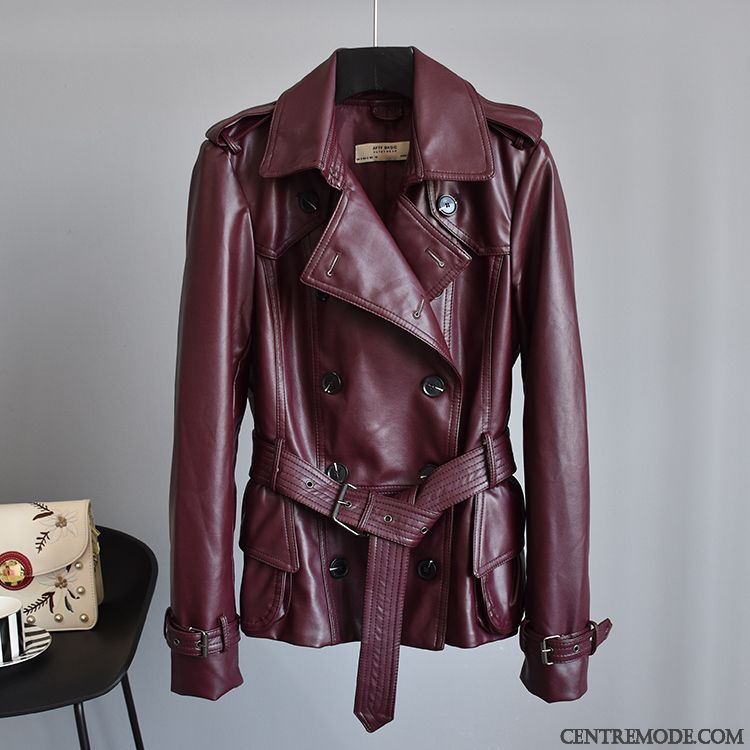 Vestes En Cuir Femme L'automne Costume Mode Delavé Veste En Cuir Double Breasted Bordeaux