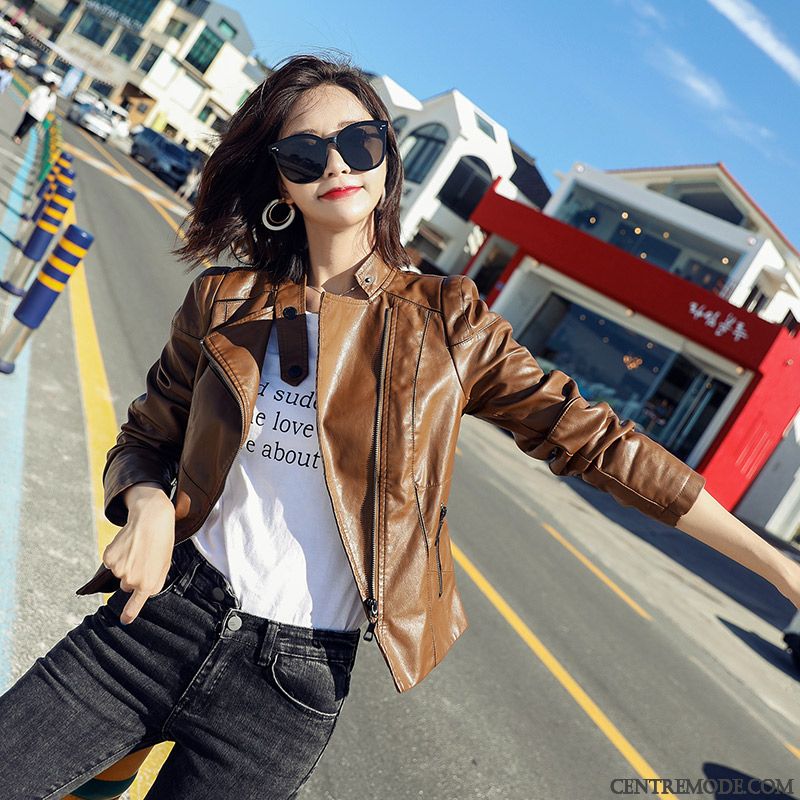 Vestes En Cuir Femme L'automne Slim Kaki Manteau Court Vêtements Moto