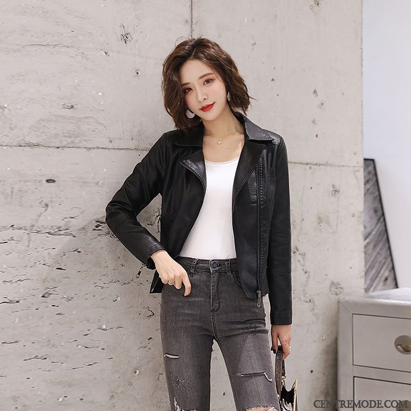 Vestes En Cuir Femme Manteau Court Veste En Cuir Mince Pu Vêtements Moto Noir