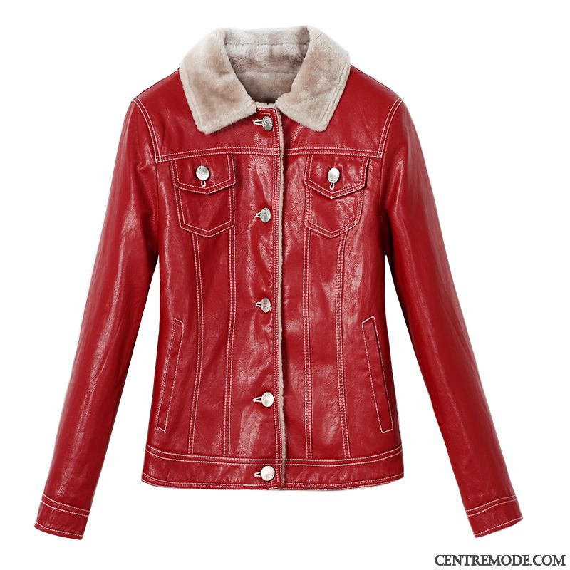 Vestes En Cuir Femme Manteau Épaissir Printemps Cuir Véritable Slim Veste En Cuir Rouge