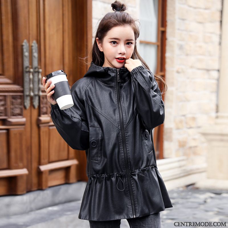 Vestes En Cuir Femme Mince Personnalité Court Élégant Simple Tempérament Noir