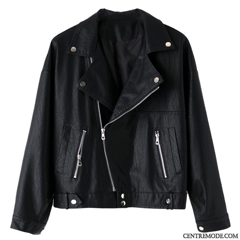 Vestes En Cuir Femme Mince Veste En Cuir Nervurées Slim Manteau Mode Noir
