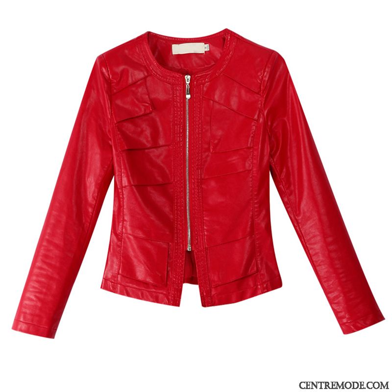 Vestes En Cuir Femme Mince Veste En Cuir Printemps L'automne Tendance Longues Rouge