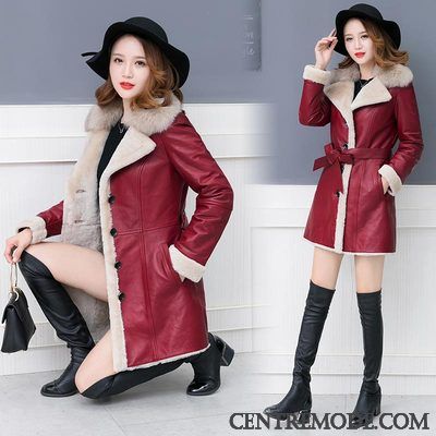 Vestes En Cuir Femme Parka Manteau Hiver Épaissir Longue Veste En Cuir Bordeaux