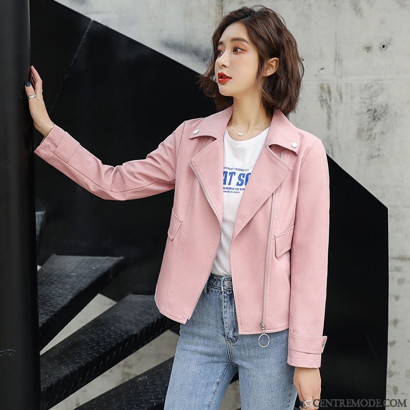 Vestes En Cuir Femme Personnalité Élégant Baggy Court Mode Veste En Cuir Rouge Rose