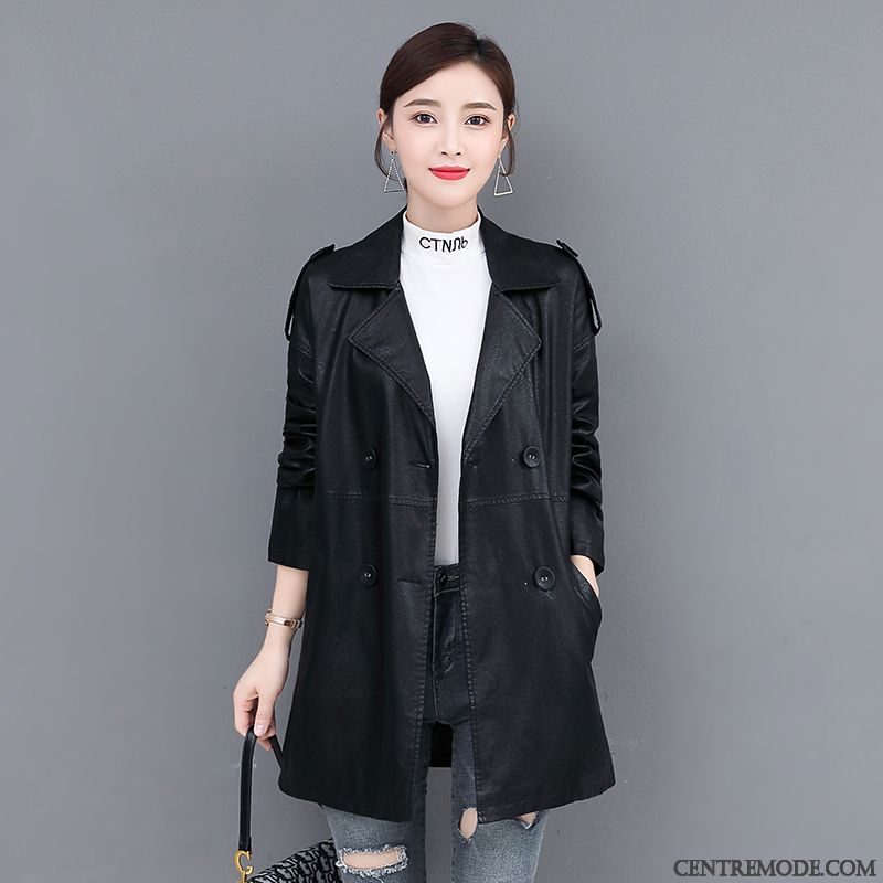 Vestes En Cuir Femme Simple L'automne Mince Tendance Revers Roulé Longues Pure Noir
