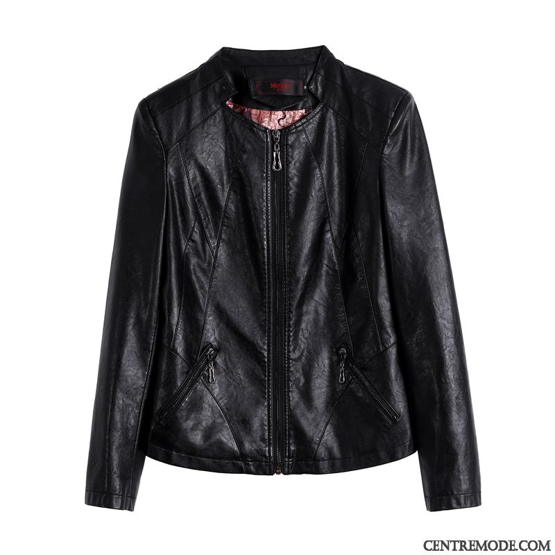 Vestes En Cuir Femme Slim Cuir Véritable L'automne Manteau Col Mandarin Veste En Cuir Noir