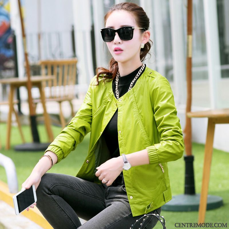 Vestes En Cuir Femme Slim Manteau Court Col Rond Mode L'automne Vert