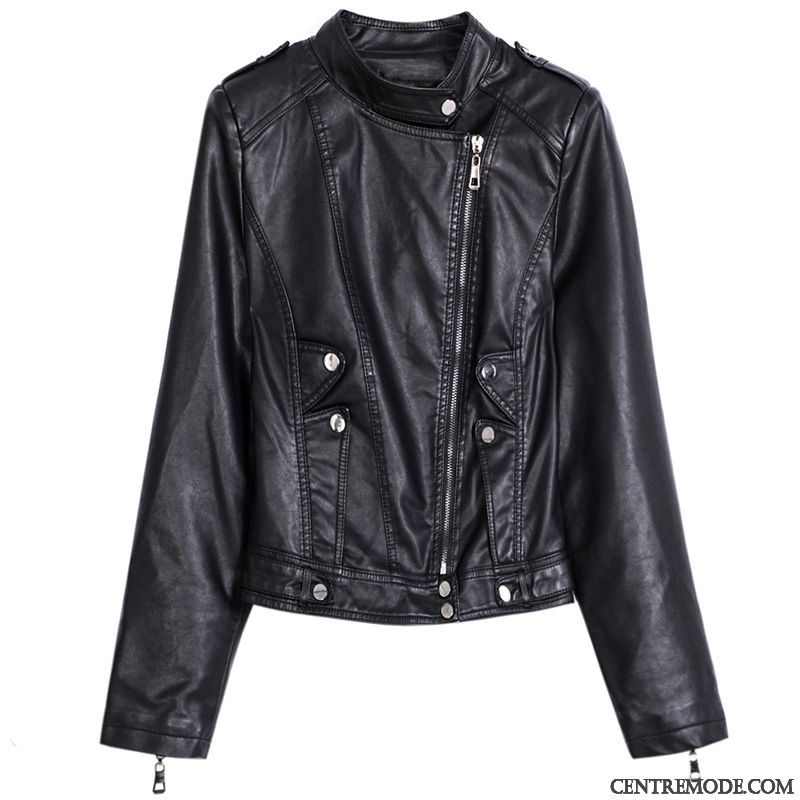Vestes En Cuir Femme Tendance Delavé Mince Vêtements Moto Court Veste En Cuir Noir