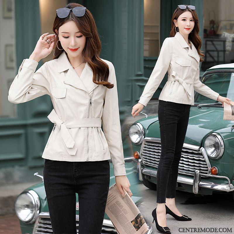 Vestes En Cuir Femme Tendance Personnalité Revers Roulé Tempérament Élégant L'automne Blanc