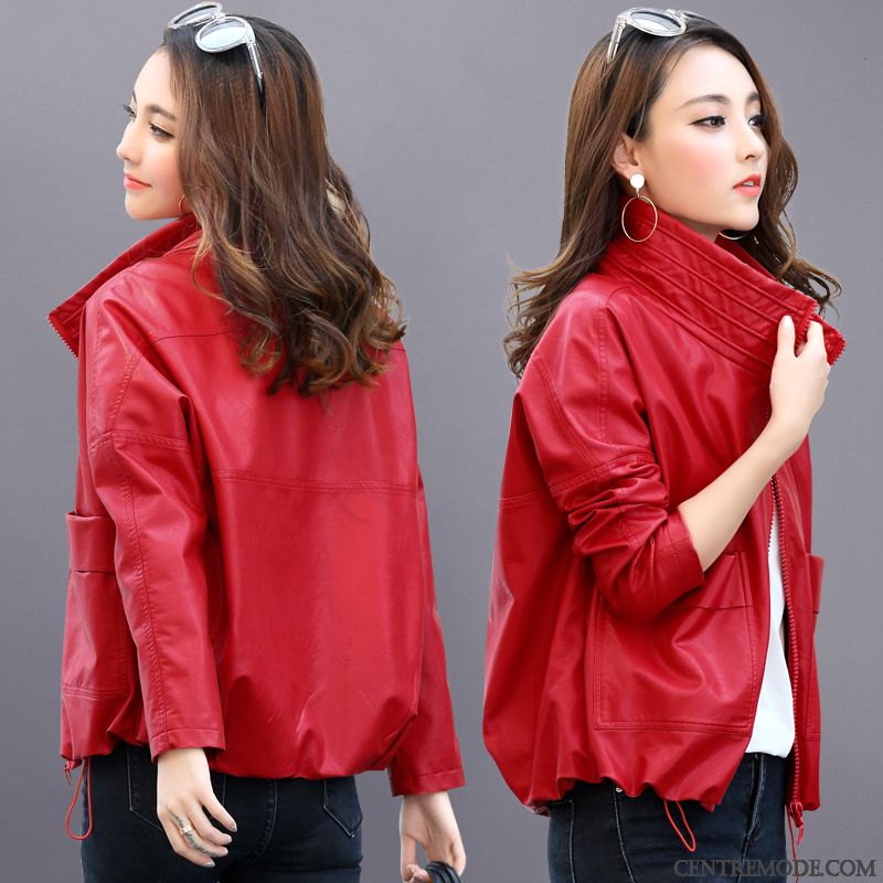 Vestes En Cuir Femme Veste En Cuir Pu Printemps Courte Baggy Manteau Rouge
