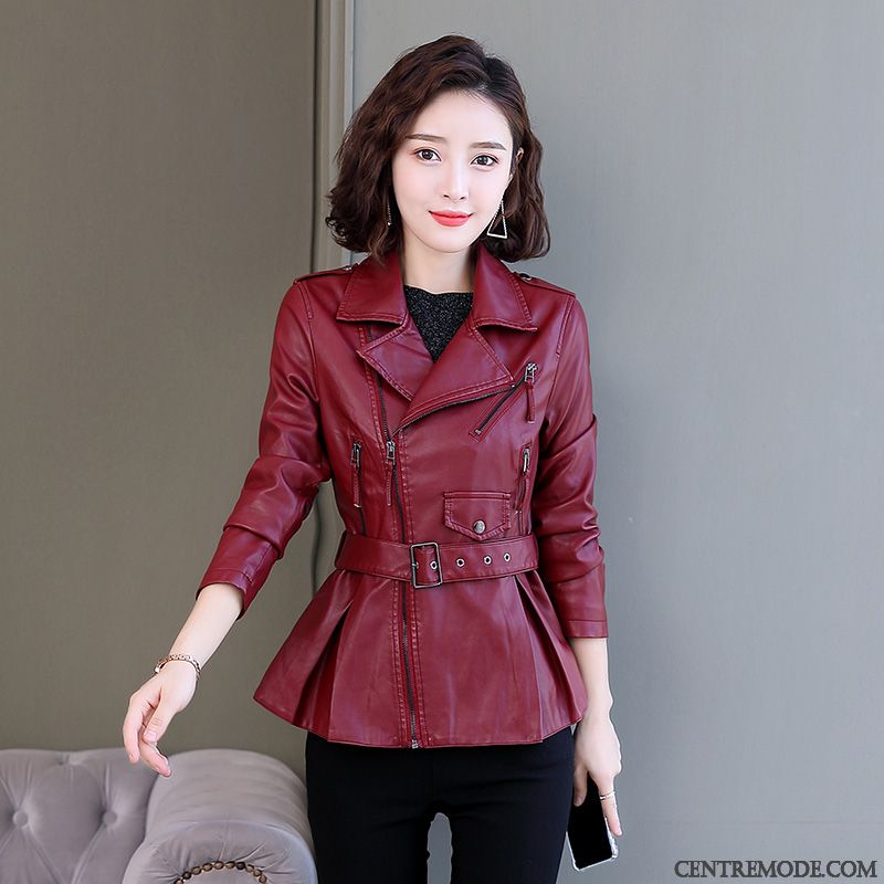 Vestes En Cuir Femme Veste En Cuir Slim Poche Longues Mode Court Noir Rouge