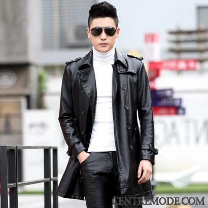 Vestes En Cuir Homme Coupe Vent Longue Manteau Veste En Cuir Épaissir Cuir Véritable Noir