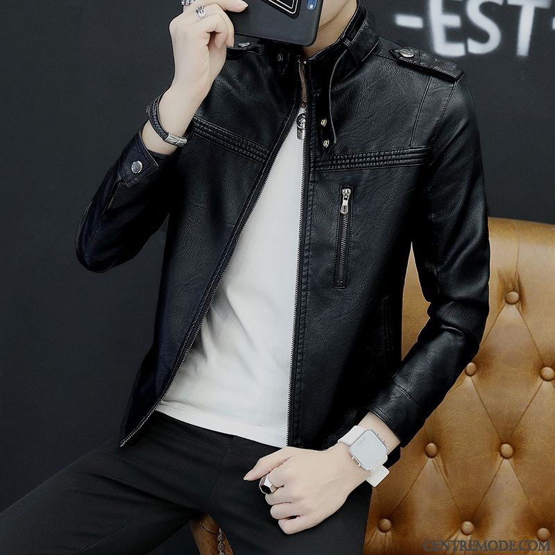 Vestes En Cuir Homme Manteau Beau Décontractée Veste En Cuir Fleur Jeunesse Noir