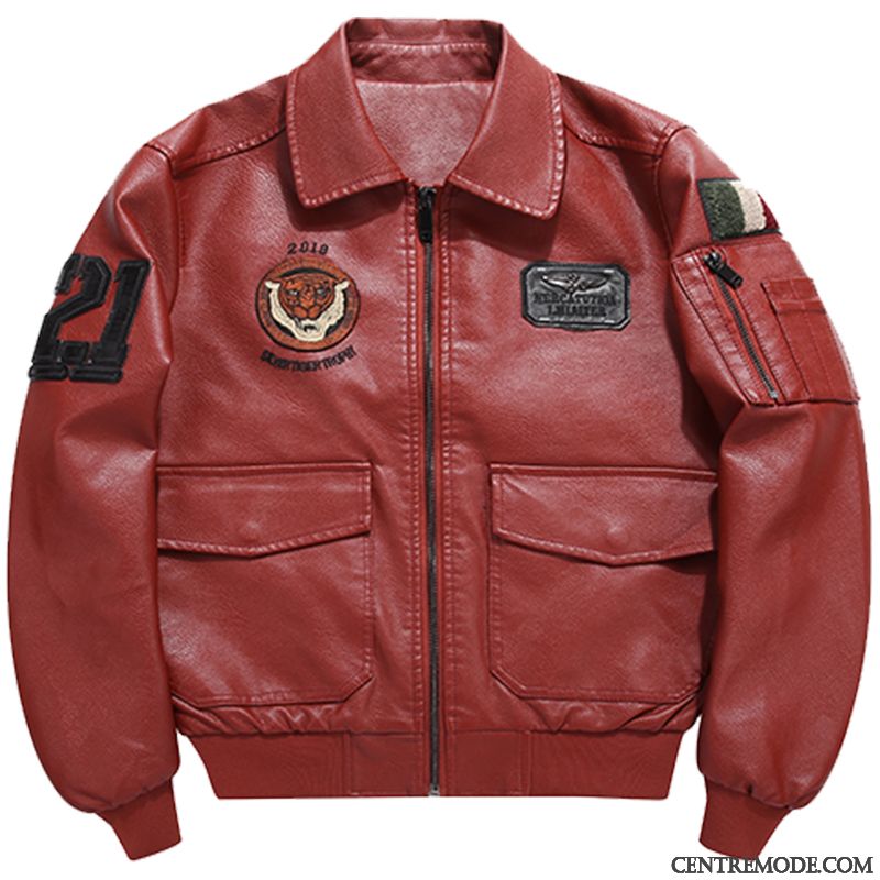 Vestes En Cuir Homme Manteau Jeunesse Pilote Vêtements Moto L'automne Beau Rouge