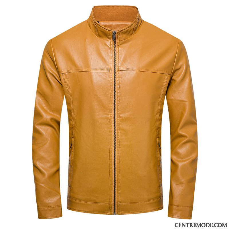 Vestes En Cuir Homme Manteau Slim Col Mandarin Décontractée L'automne Printemps Jaune