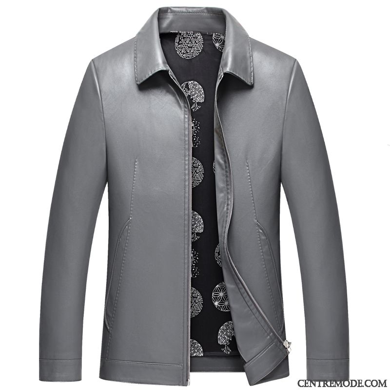 Vestes En Cuir Homme Manteau Veste En Cuir Âge Moyen Cuir Véritable Slim Revers Roulé Gris