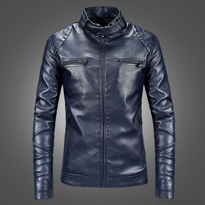 Vestes En Cuir Homme Manteau Vêtements Moto Slim Beau Épaissir Printemps Bleu Marin