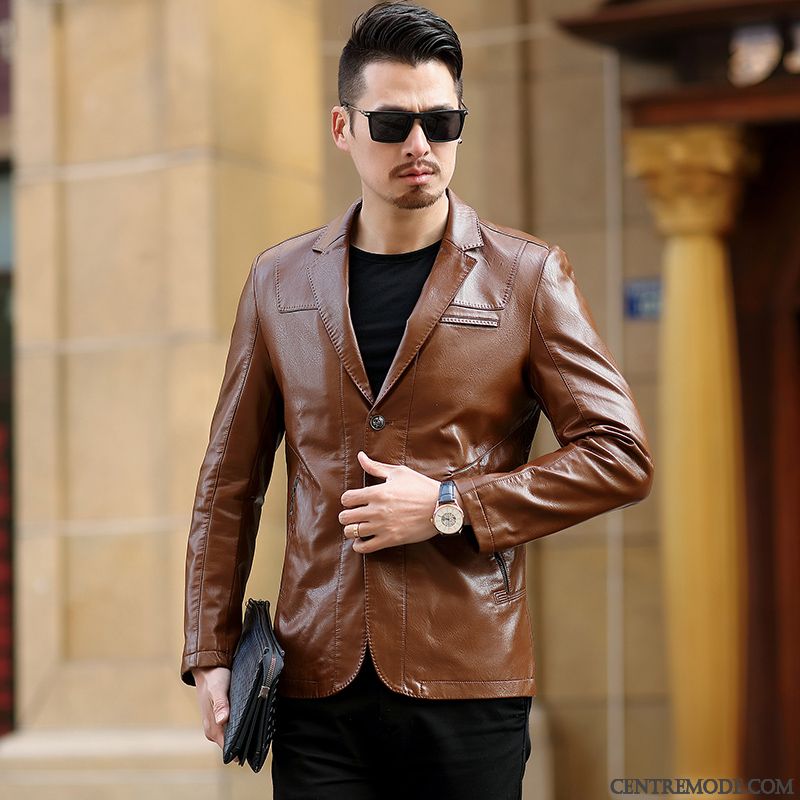 Vestes En Cuir Homme Peau De Mouton Beau Slim Tendance L'automne Costume Marron