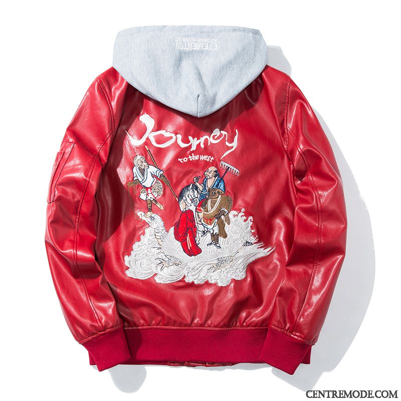 Vestes En Cuir Homme Pilote Vêtements De Baseball Broderie Vêtements Moto Fantaisie Capuche Rouge