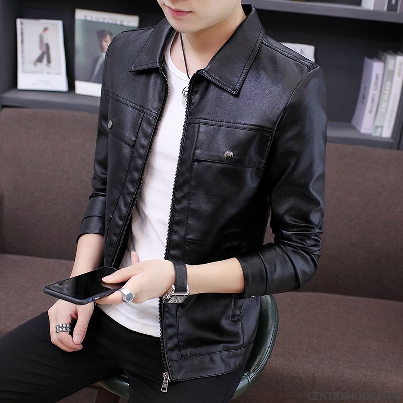 Vestes En Cuir Homme Slim Décontractée Manteau Personnalité Tendance Légère Noir