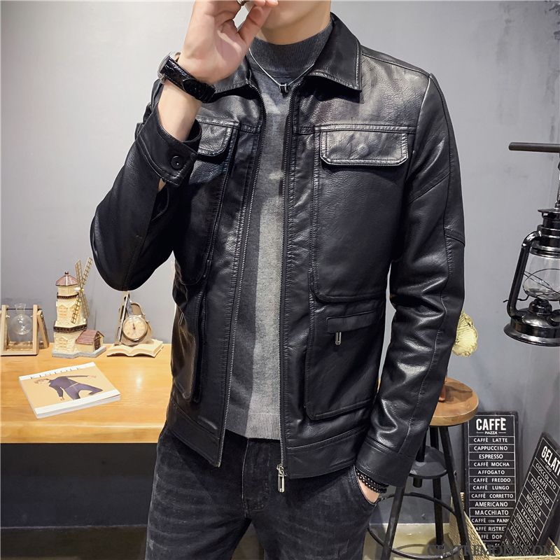 Vestes En Cuir Homme Slim L'automne Veste En Cuir Décontractée Manteau Vêtements Moto Noir