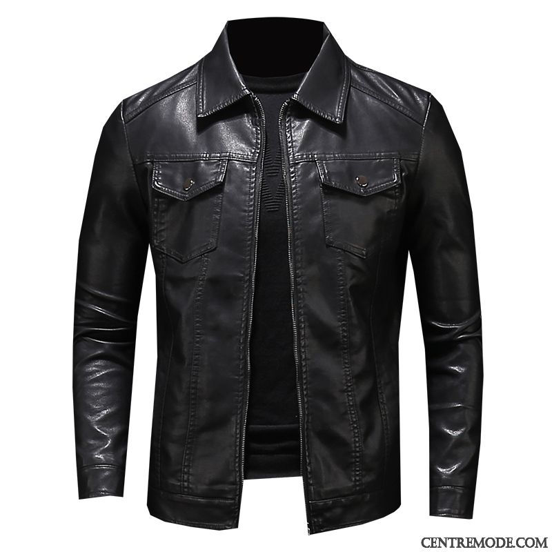 Vestes En Cuir Homme Slim Légère Veste En Cuir Vêtements Moto Manteau L'automne Noir