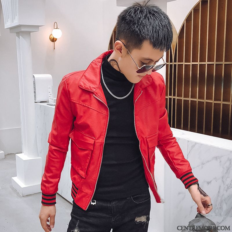 Vestes En Cuir Homme Slim Tendance Pu Manteau Les Adolescents Plus De Velours Rouge