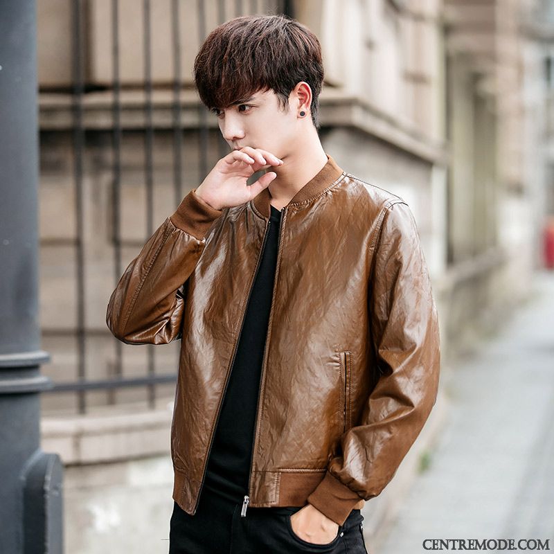 Vestes En Cuir Homme Veste En Cuir Beau Slim L'automne Tendance Manteau Impression Brun Foncé