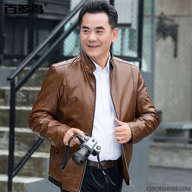 Vestes En Cuir Homme Veste En Cuir Décontractée Col Mandarin Légère L'automne Hiver Jaune Brun