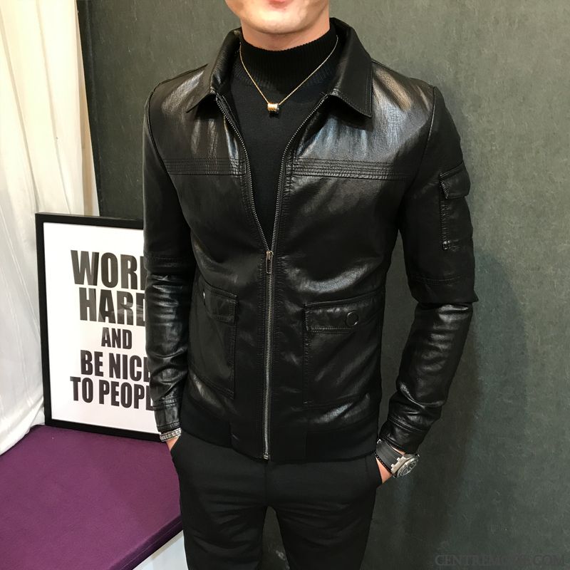 Vestes En Cuir Homme Veste En Cuir L'automne Mode Tendance Manteau Revers Roulé Noir