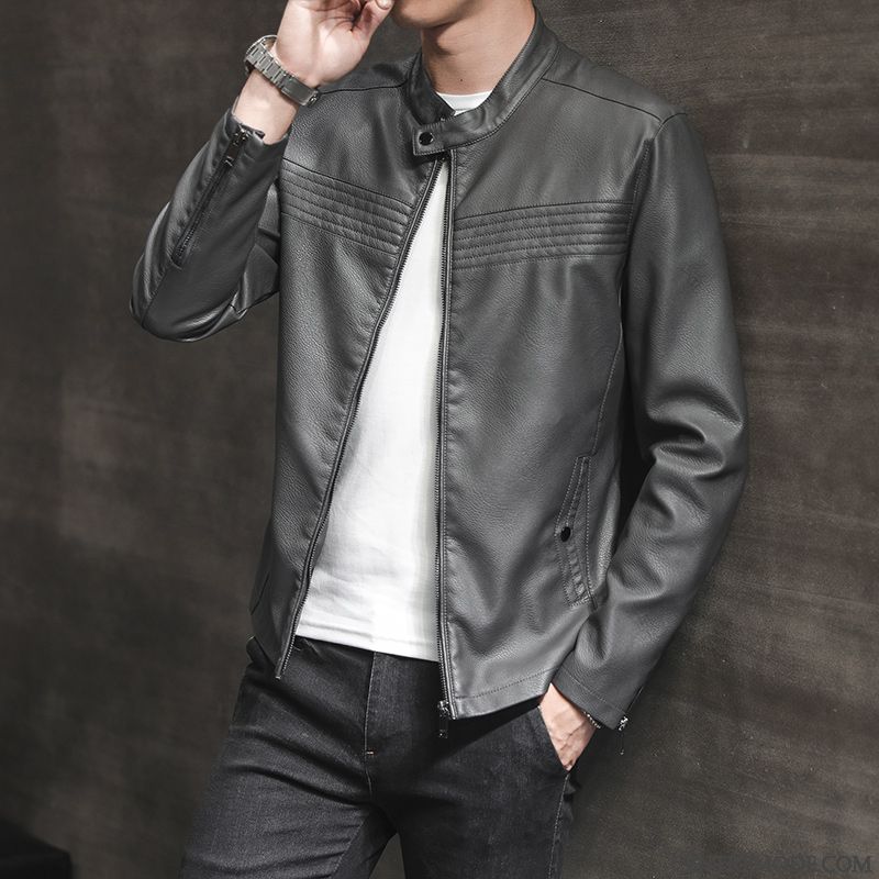 Vestes En Cuir Homme Veste En Cuir Slim Jeunesse Tendance Manteau Printemps Gris