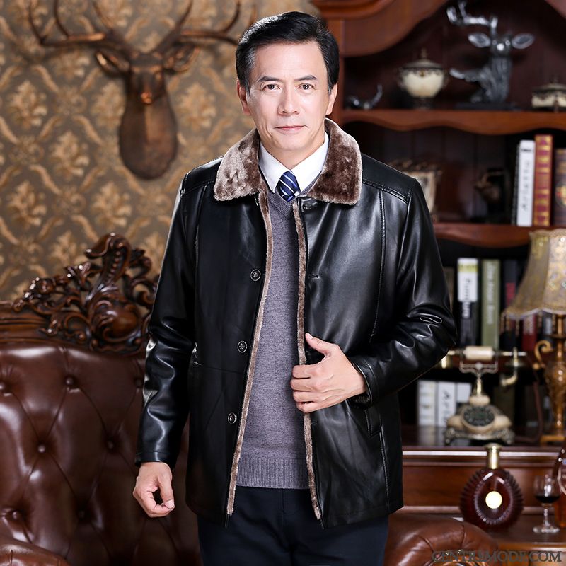 Vestes En Cuir Homme Épaissir Veste En Cuir Décontractée Manteau Âge Moyen Hiver Noir