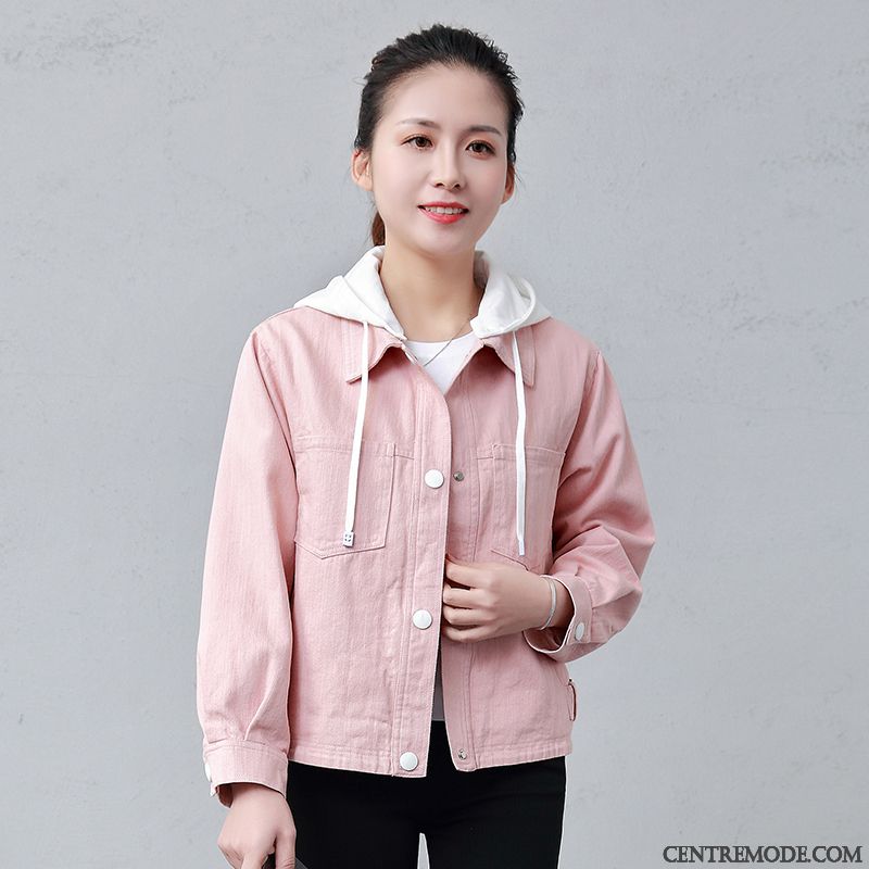 Vestes Femme Denim Frais Manteau Capuche Étudiant Court Rose