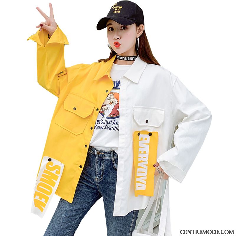 Vestes Femme Vêtements De Baseball Épissure Campus Vent Baggy Asymétrie Étudiant Couleur De Contraste Jaune